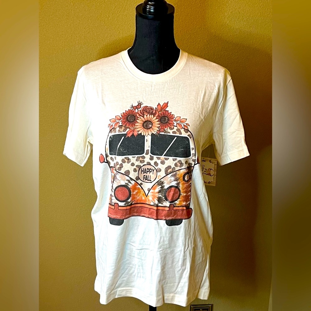 Fall Leopard floral VW Bus short sleeve T-shirt hippie boho brown beige NWT - Picture 2 of 10